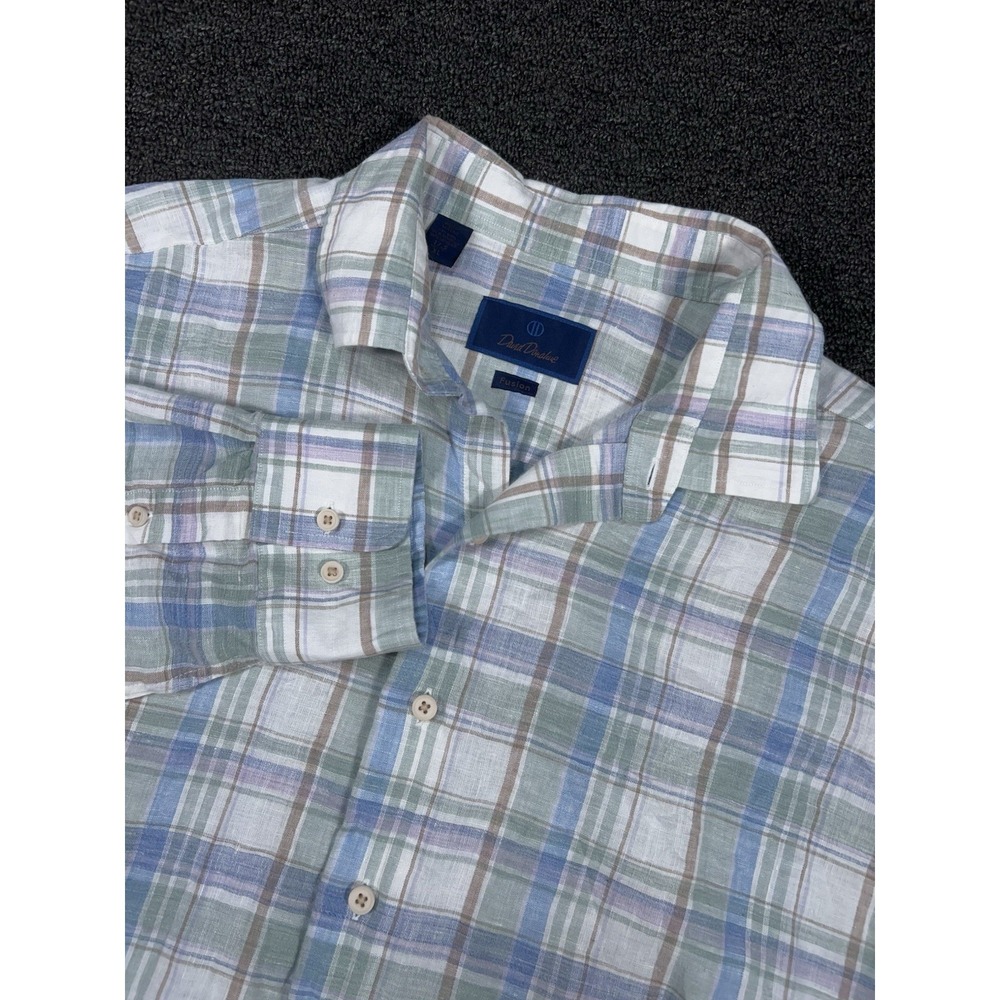 David Donahue Dress Shirt Men 17.5 XL Linen Fusion White Blue‎ Plaid Long Sleeve